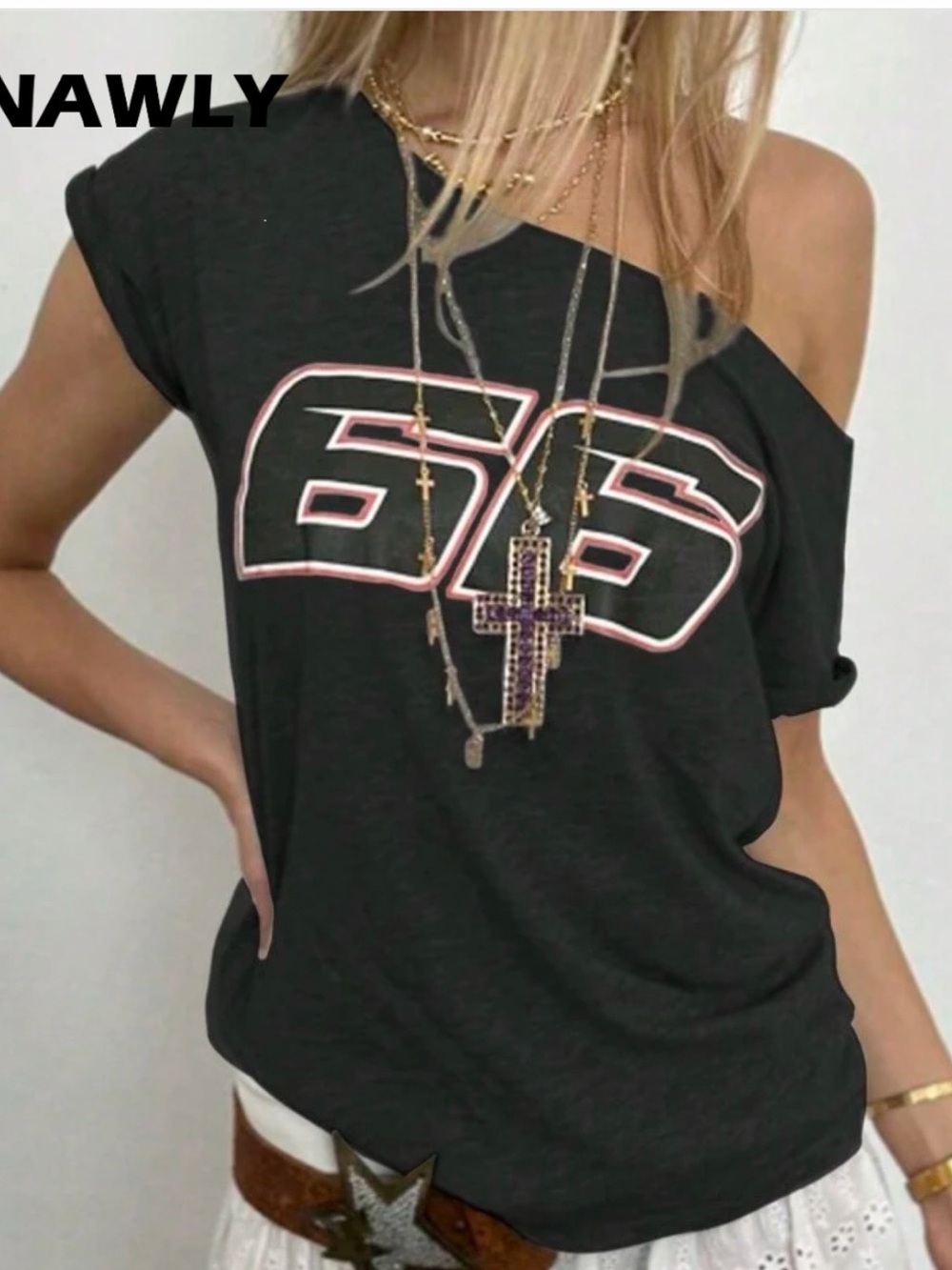 Off-Shoulder Black '66' Graphic Tee by